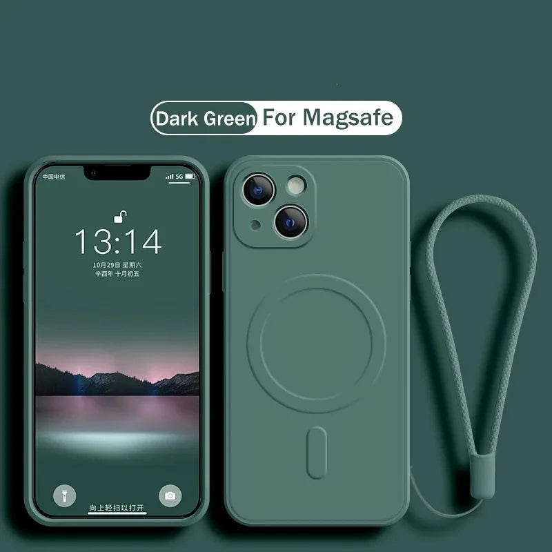 حافظة آيفون MagSafe من السيليكون السائل — غطاء مغناطيسي مع حزام للمعصم