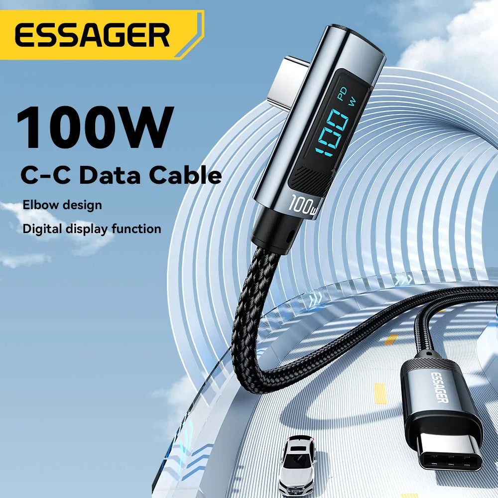 Essager 100W USB-C Cable — Right Angle with Power Display & E-Marker Chip
