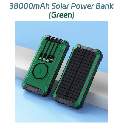 38,000mAh Solar Power Bank with Built-In Cables — Wireless Charging & LED Flashlight
