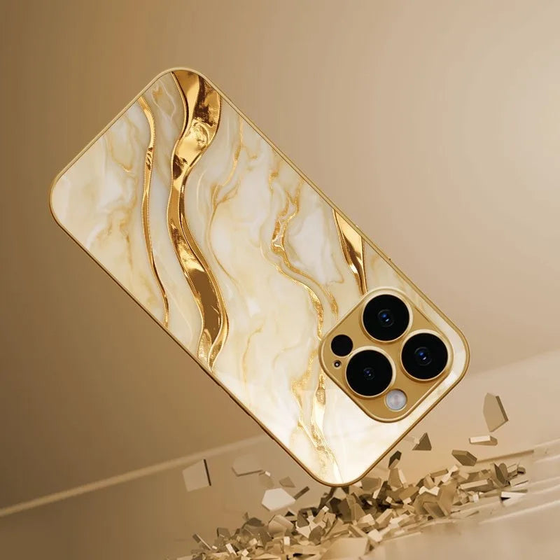 Gold Marble Tempered Glass iPhone Case — Luxury Metallic Cover