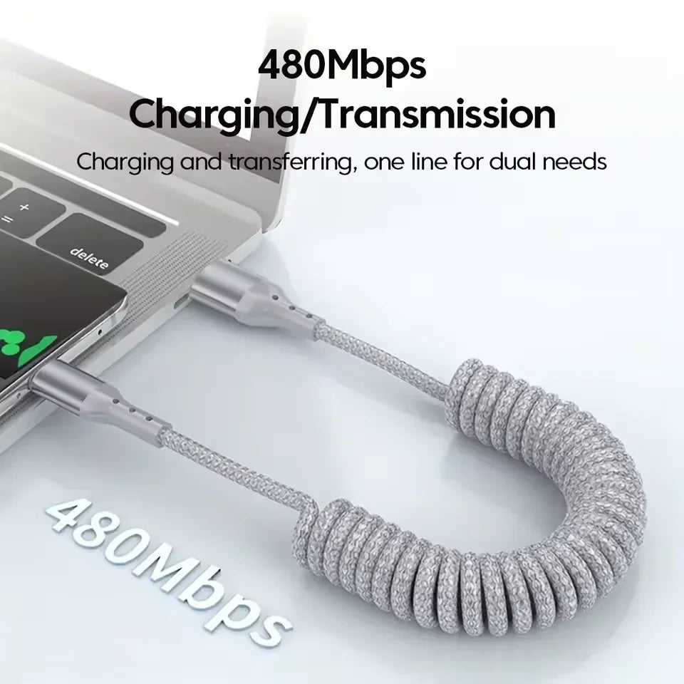 Coiled Car Charging Cable — 100W USB-C, Stretches 0.25m to 1.5m