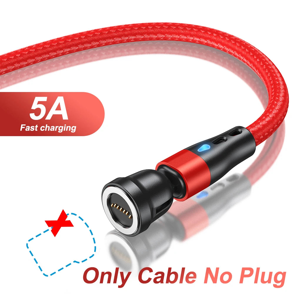 Magnetic Charging Cable — 540° Rotating 5A Fast Charge with USB-C, Lightning & Micro USB Tips