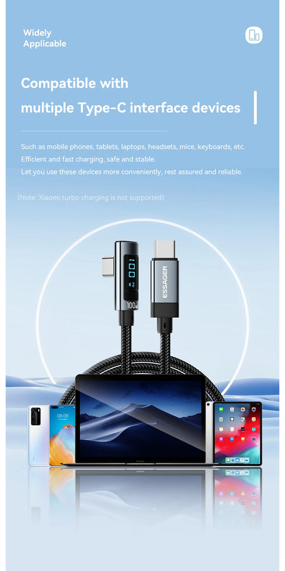 Essager 100W USB-C Cable — Right Angle with Power Display & E-Marker Chip