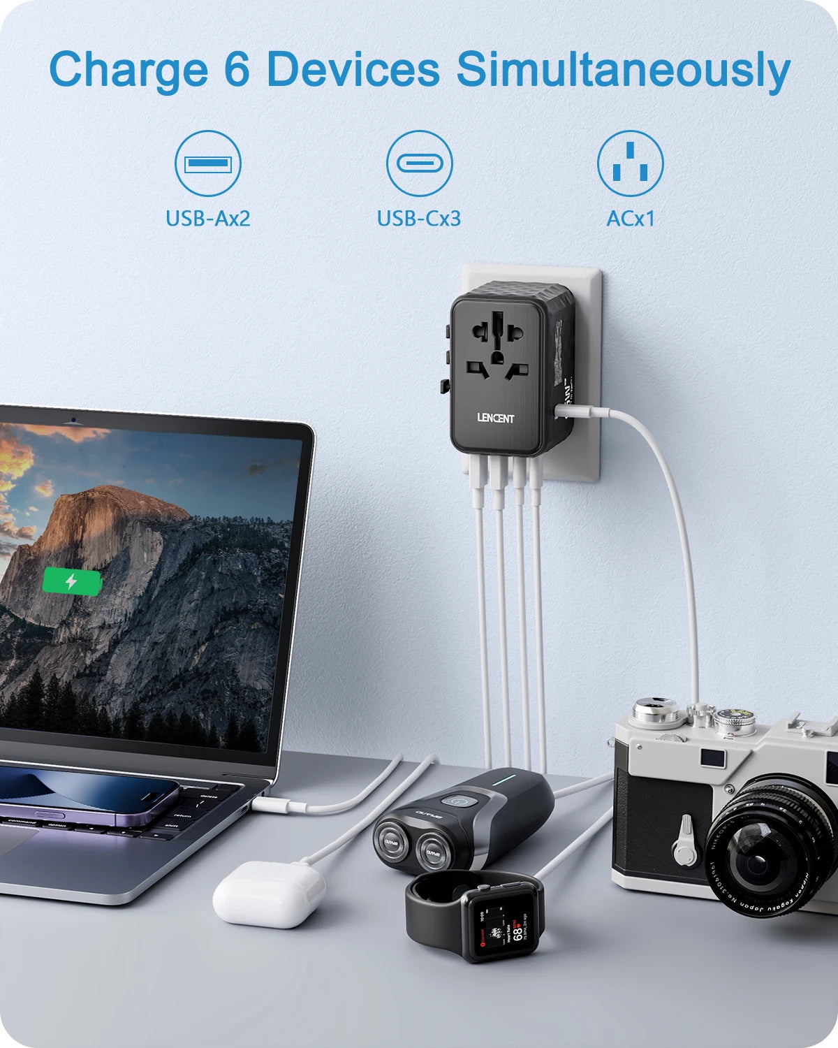 LENCENT Universal Travel Adapter — All-in-One EU, UK, US & AUS Plug with USB