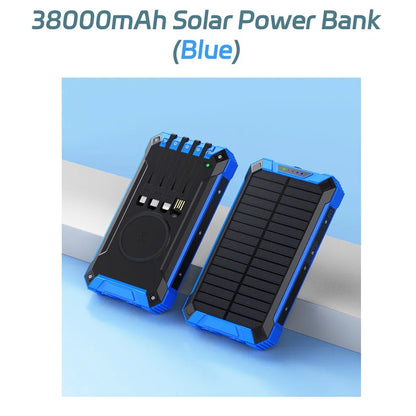 38,000mAh Solar Power Bank with Built-In Cables — Wireless Charging & LED Flashlight