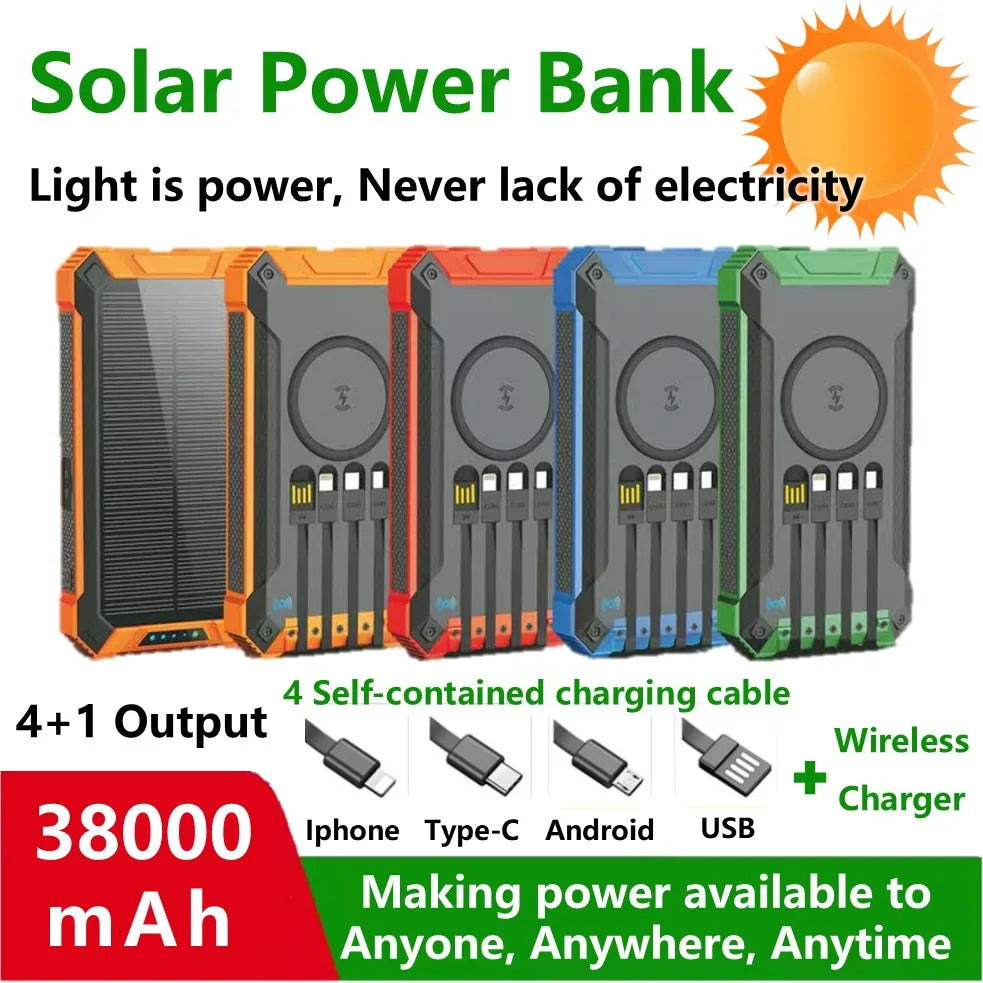 38,000mAh Solar Power Bank with Built-In Cables — Wireless Charging & LED Flashlight