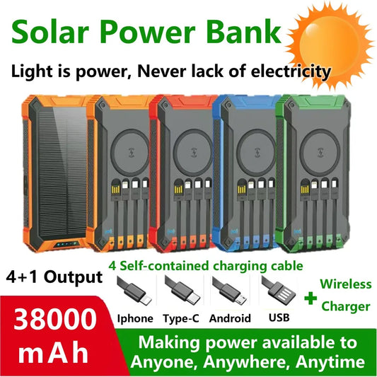 38,000mAh Solar Power Bank with Built-In Cables — Wireless Charging & LED Flashlight
