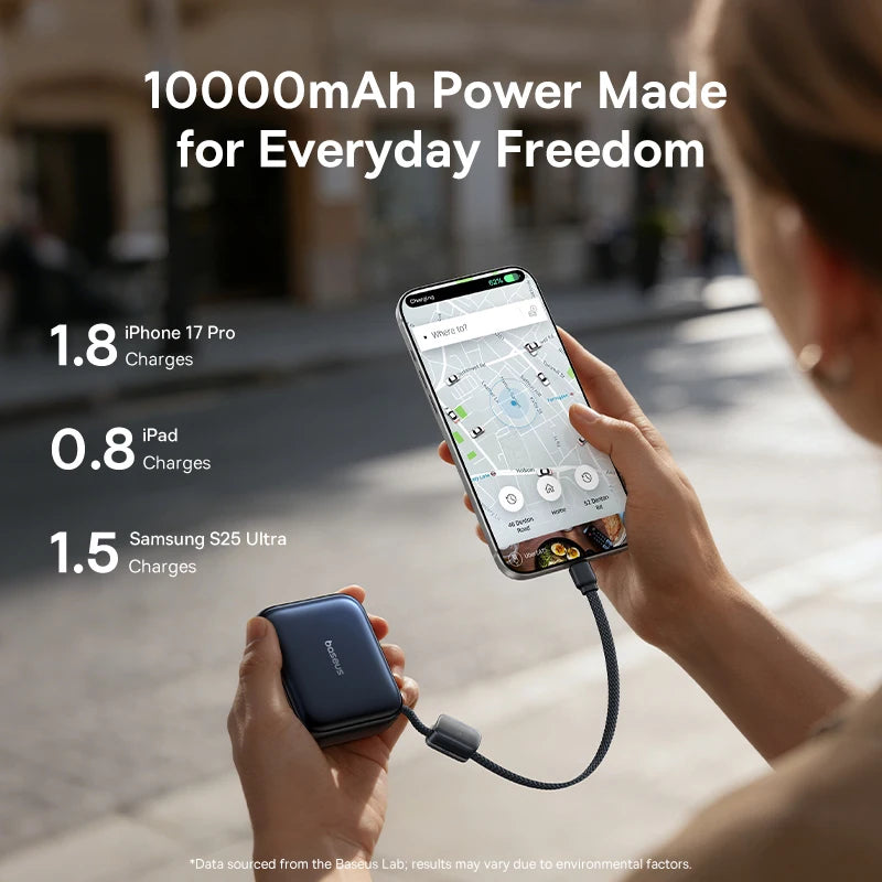 Baseus 10,000mAh Mini Power Bank — 45W Fast Charging with Built-In USB-C Cable