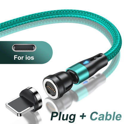 Magnetic Charging Cable — 540° Rotating 5A Fast Charge with USB-C, Lightning & Micro USB Tips