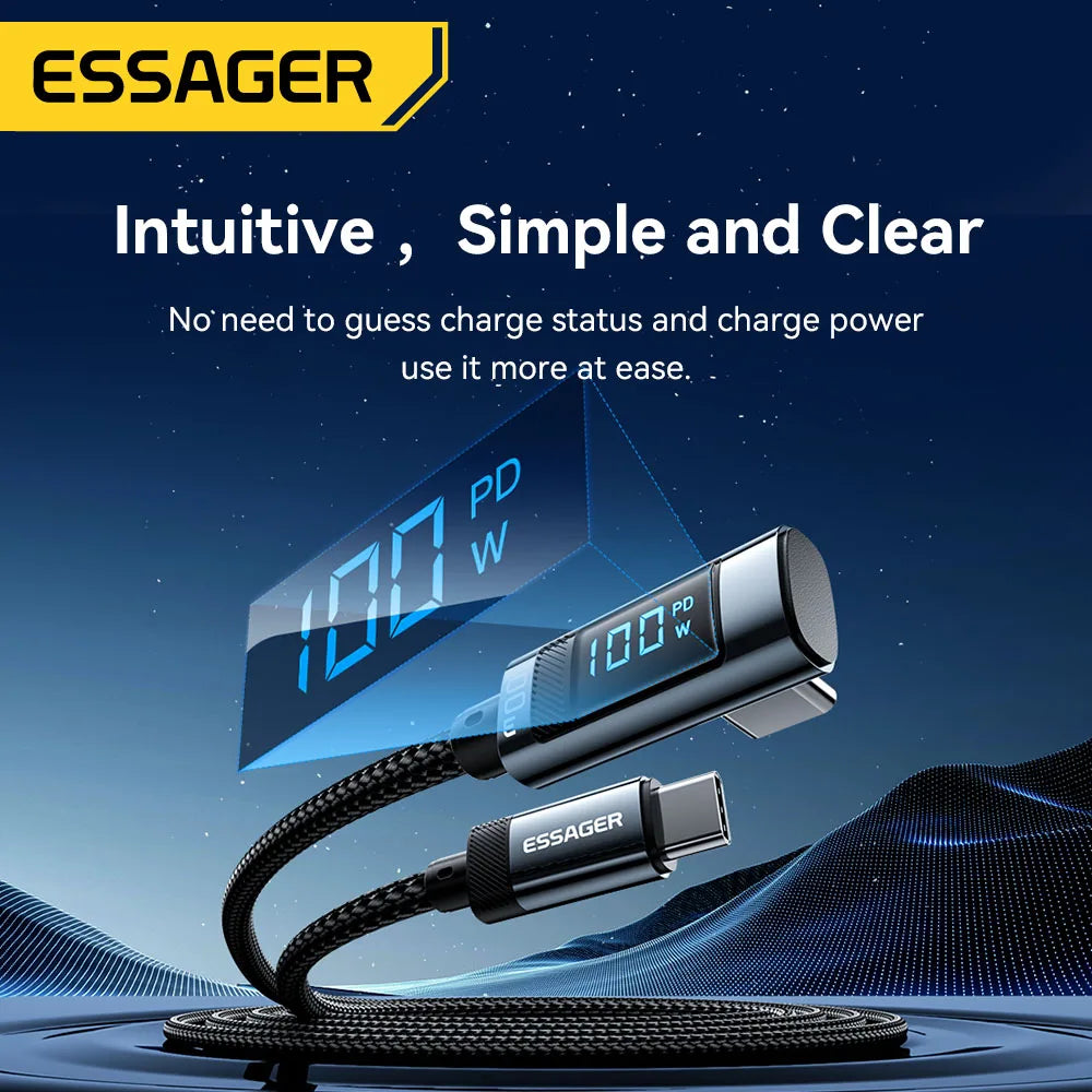 Essager 100W USB-C Cable — Right Angle with Power Display & E-Marker Chip