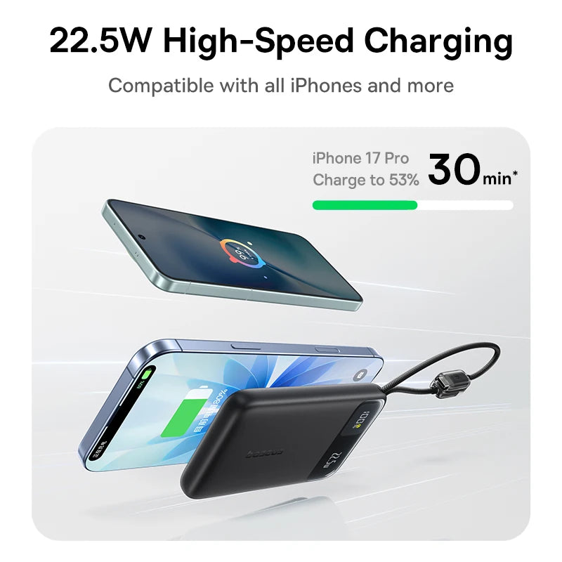 Baseus 10,000mAh Power Bank — 22.5W Fast Charging with Dual Built-In USB-C Cables
