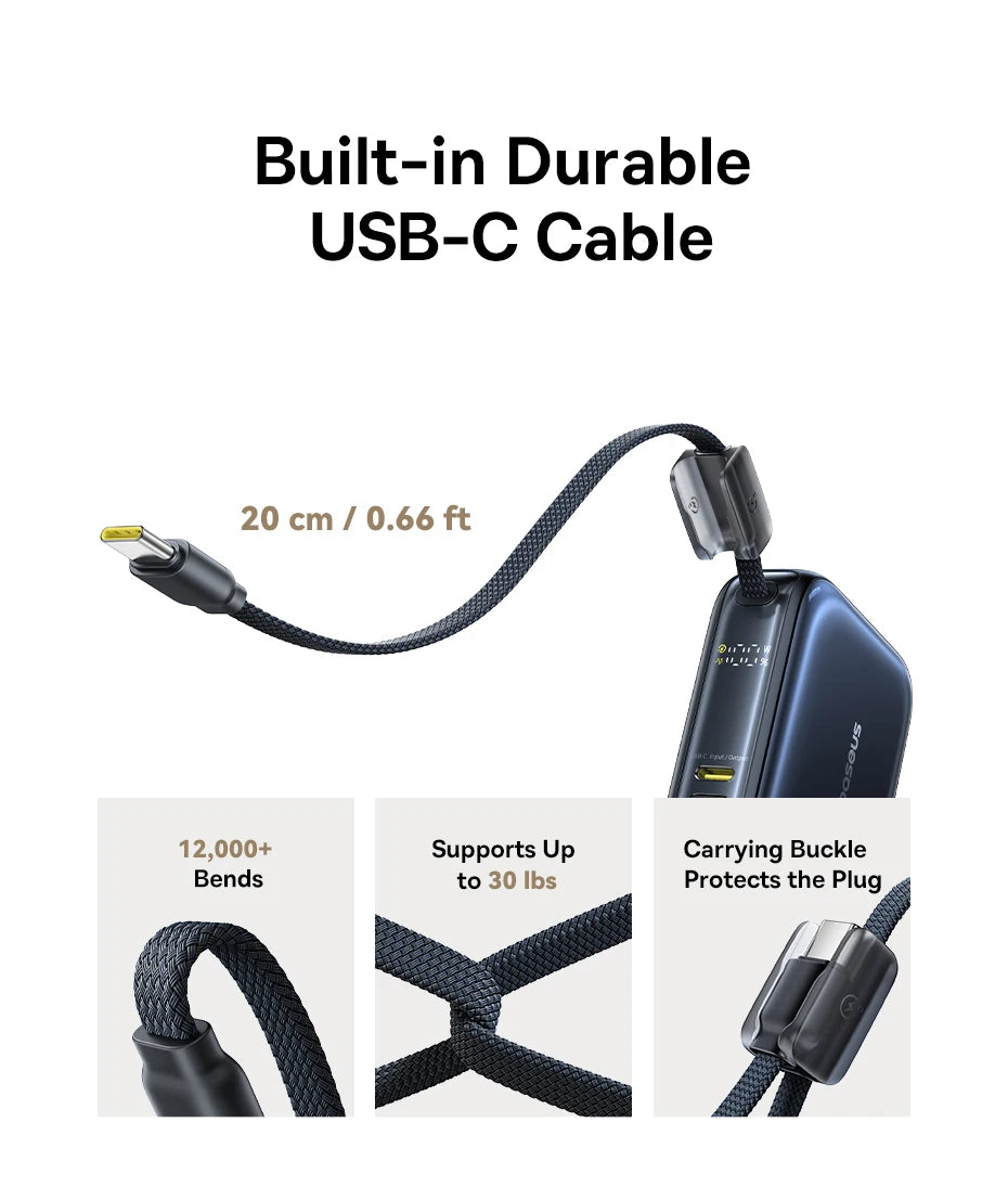 Baseus 10,000mAh Mini Power Bank — 45W Fast Charging with Built-In USB-C Cable