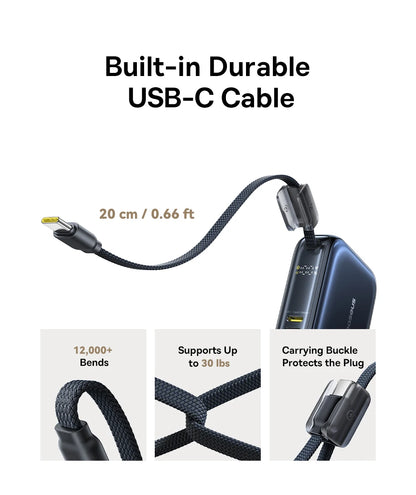 Baseus 10,000mAh Mini Power Bank — 45W Fast Charging with Built-In USB-C Cable