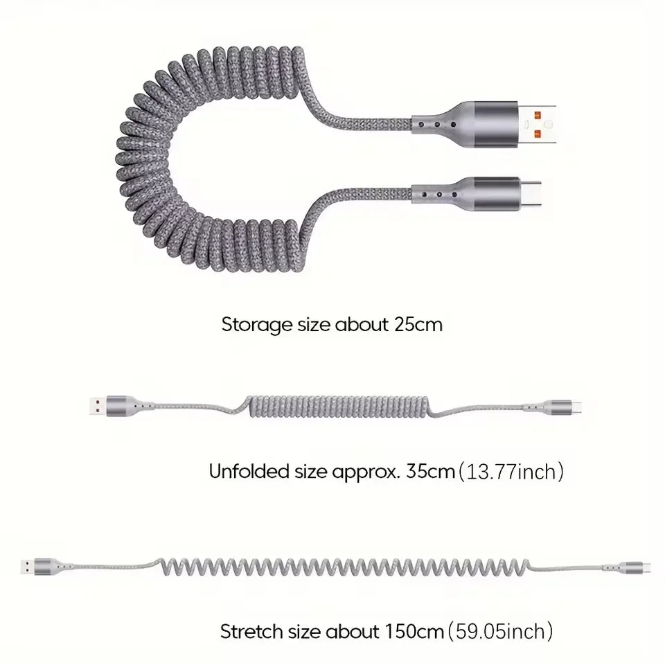 Coiled Car Charging Cable — 100W USB-C, Stretches 0.25m to 1.5m