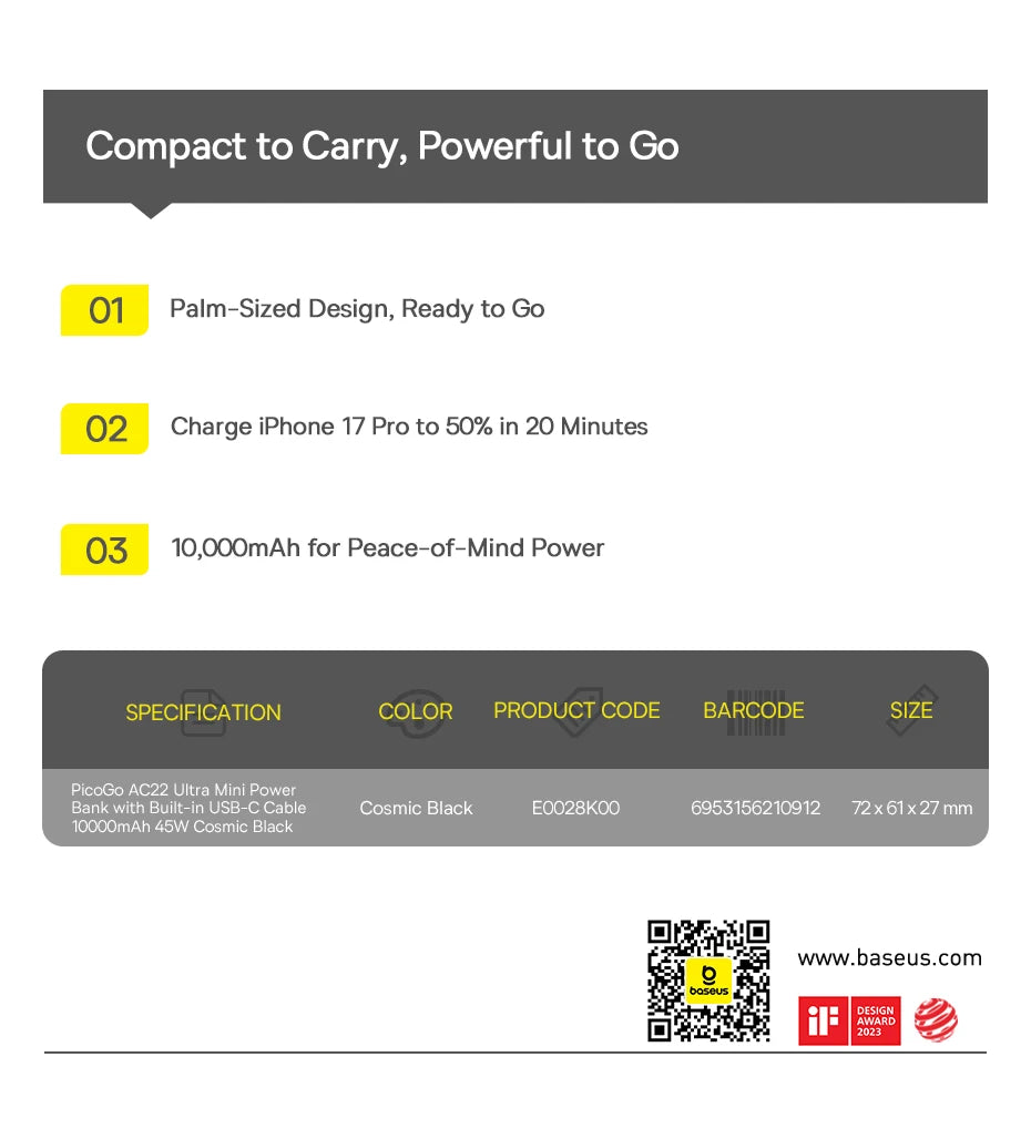 Baseus 10,000mAh Mini Power Bank — 45W Fast Charging with Built-In USB-C Cable