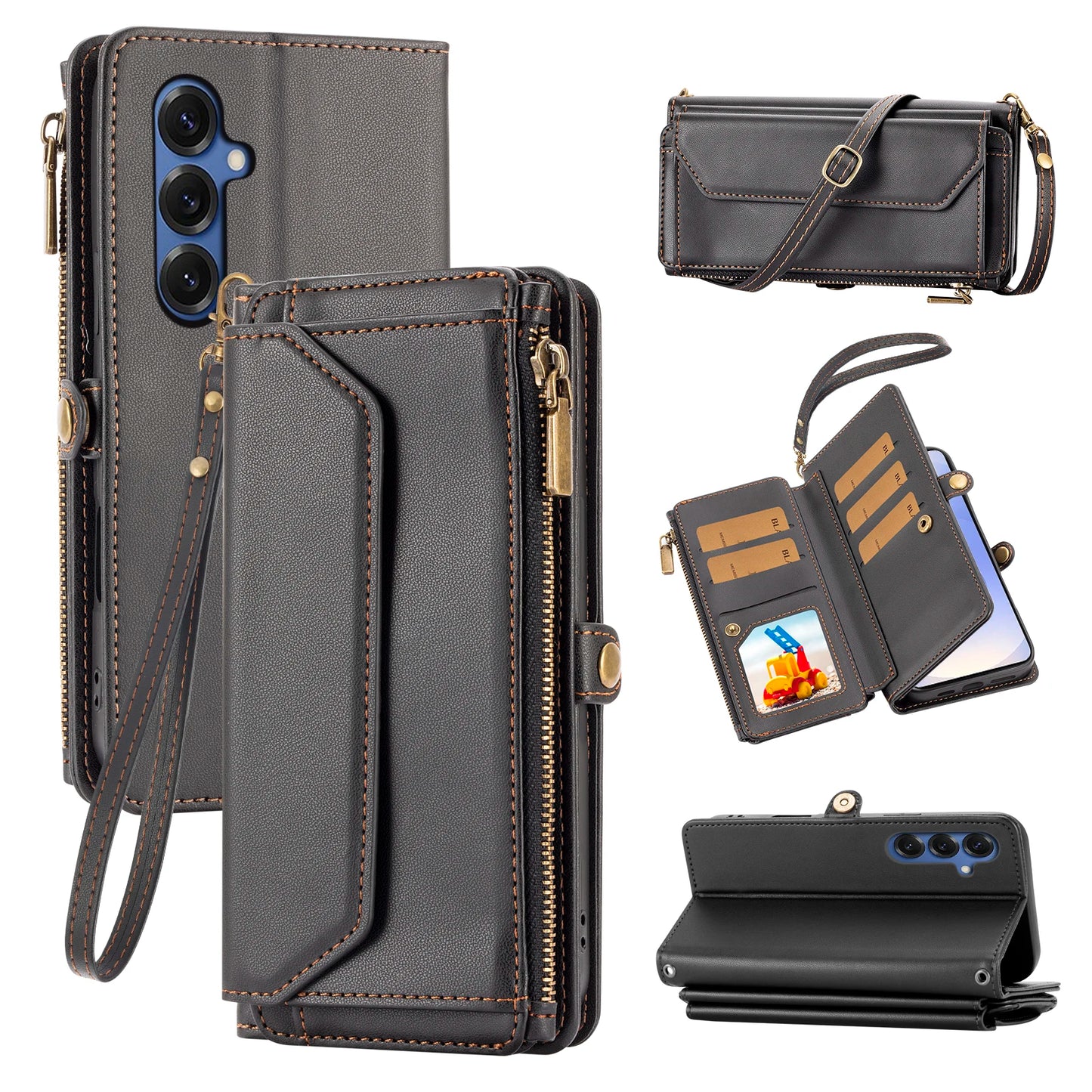 Leather Wallet Samsung Galaxy Case — Cross-Shoulder Strap & Card Slots Cover