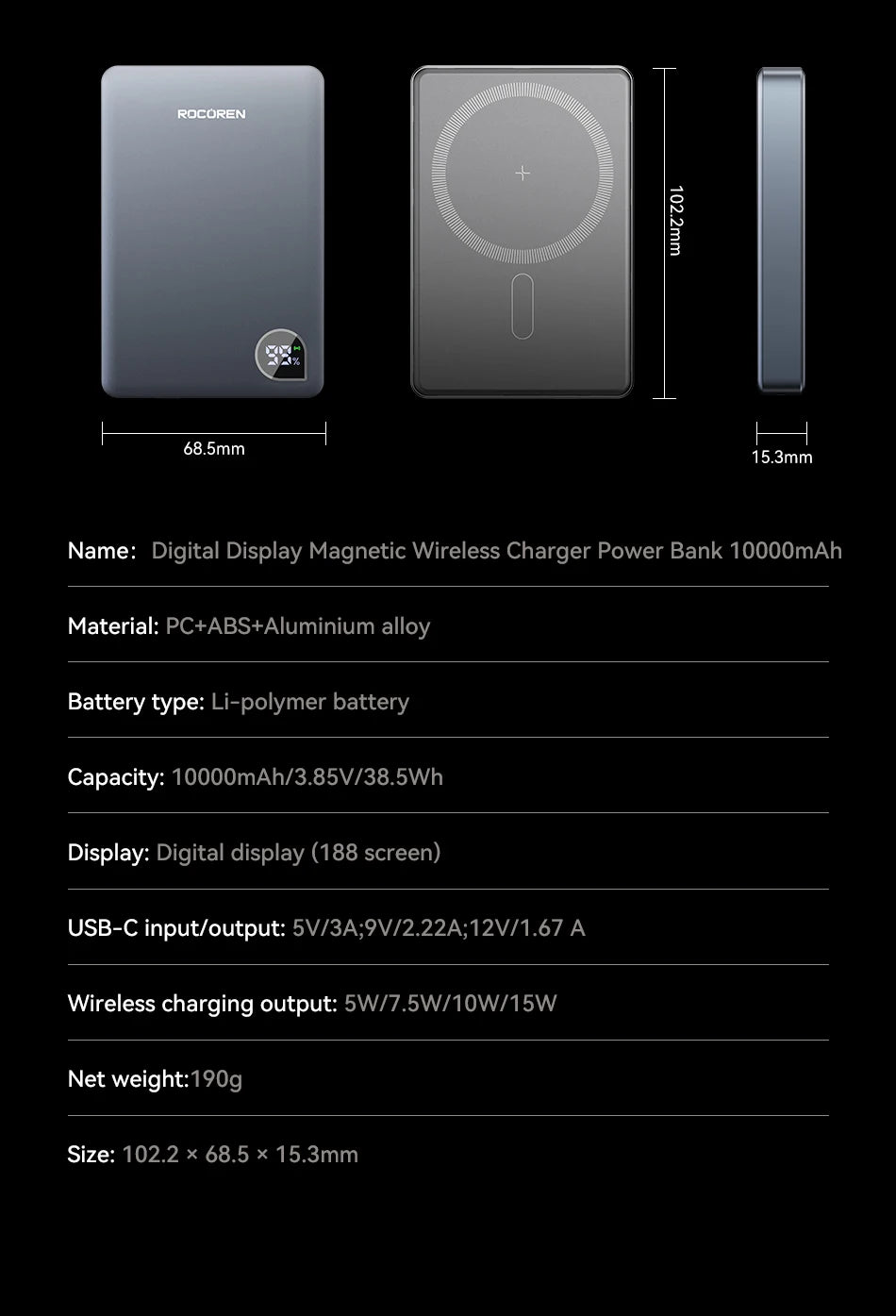 Rocoren Slim Magnetic Power Bank — 20W MagSafe Wireless Charger, 5,000 or 10,000mAh