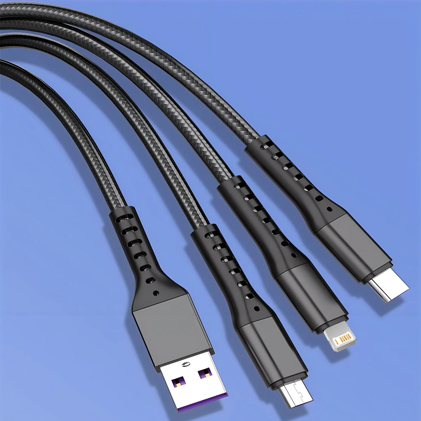 3-in-1 Charging Cable — 5A Fast Charge USB-C, Lightning & Micro USB