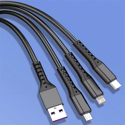 3-in-1 Charging Cable — 5A Fast Charge USB-C, Lightning & Micro USB