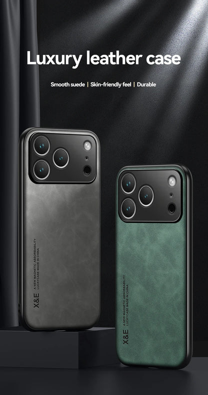Luxury Leather iPhone Case — Magnetic with Metal Plate & Car Mount Support