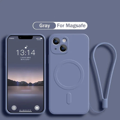 حافظة آيفون MagSafe من السيليكون السائل — غطاء مغناطيسي مع حزام للمعصم