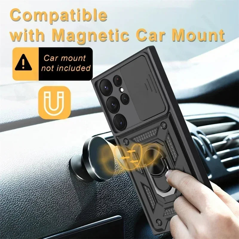 Armor Rotate Ring Stand Samsung Galaxy Case — Slide Lens Cover & Car Mount