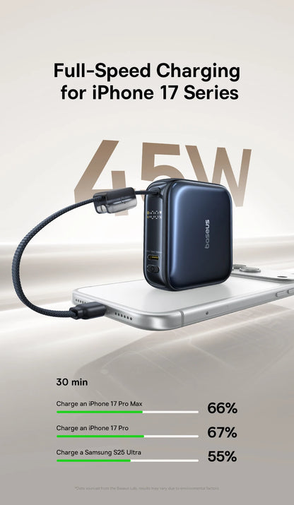 Baseus 10,000mAh Mini Power Bank — 45W Fast Charging with Built-In USB-C Cable