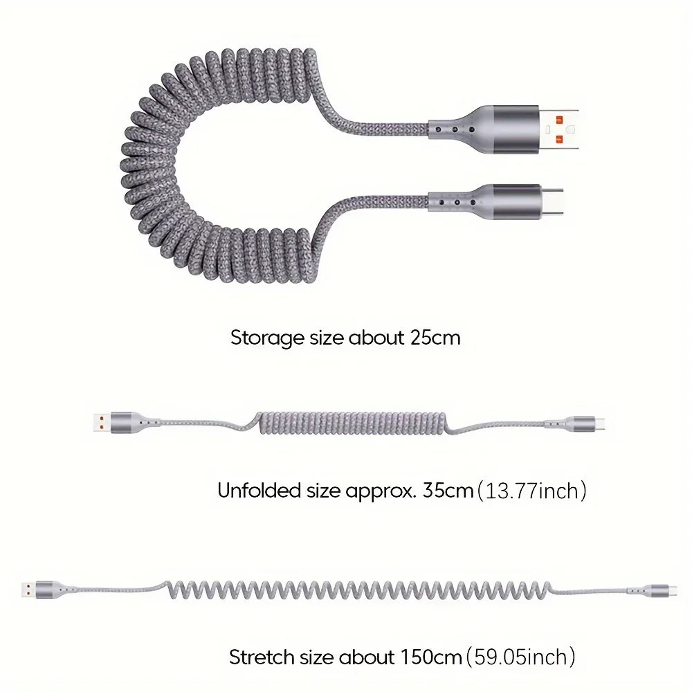 Coiled Car Charging Cable — 100W USB-C, Stretches 0.25m to 1.5m