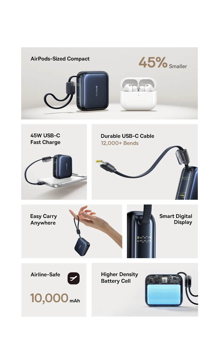 Baseus 10,000mAh Mini Power Bank — 45W Fast Charging with Built-In USB-C Cable