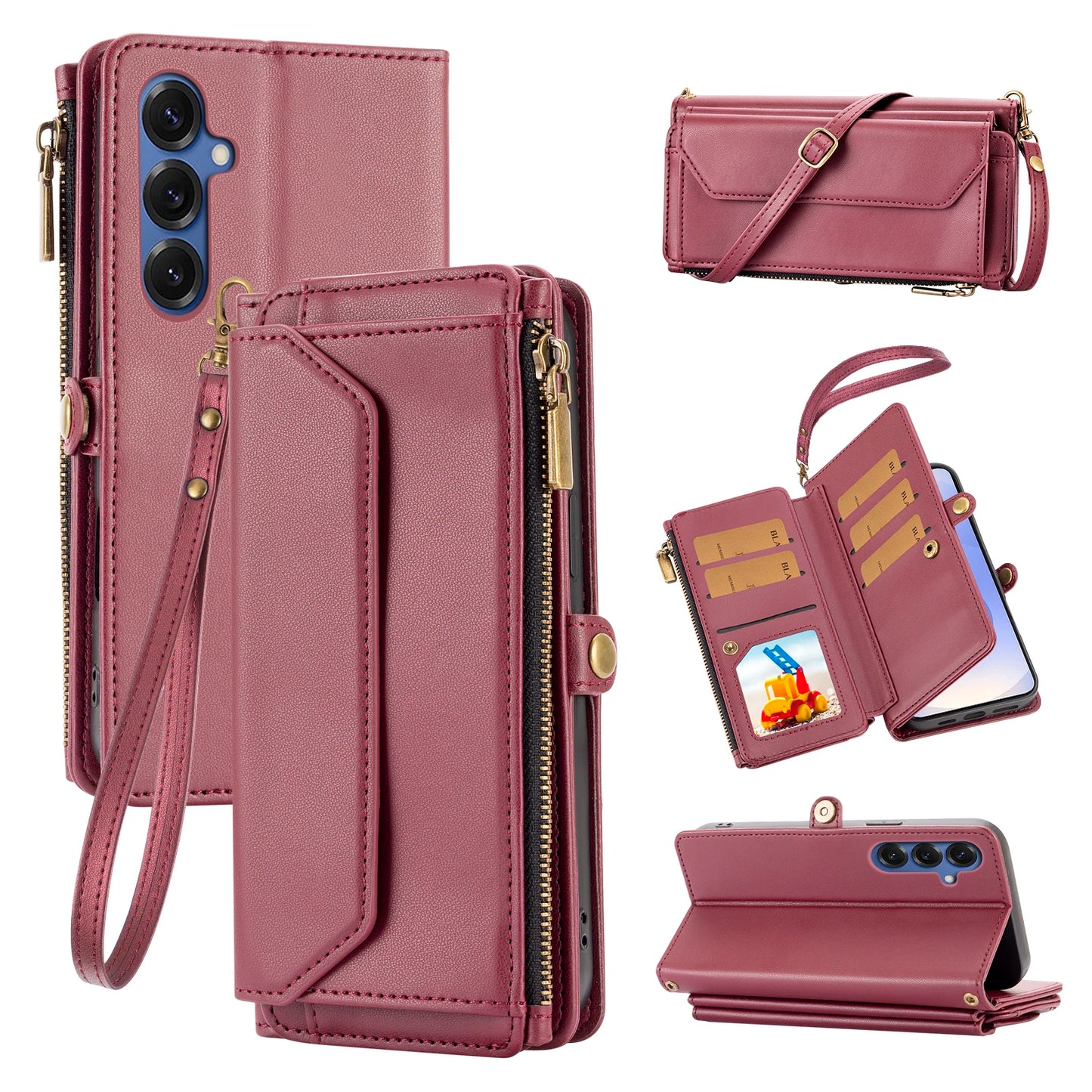 Leather Wallet Samsung Galaxy Case — Cross-Shoulder Strap & Card Slots Cover