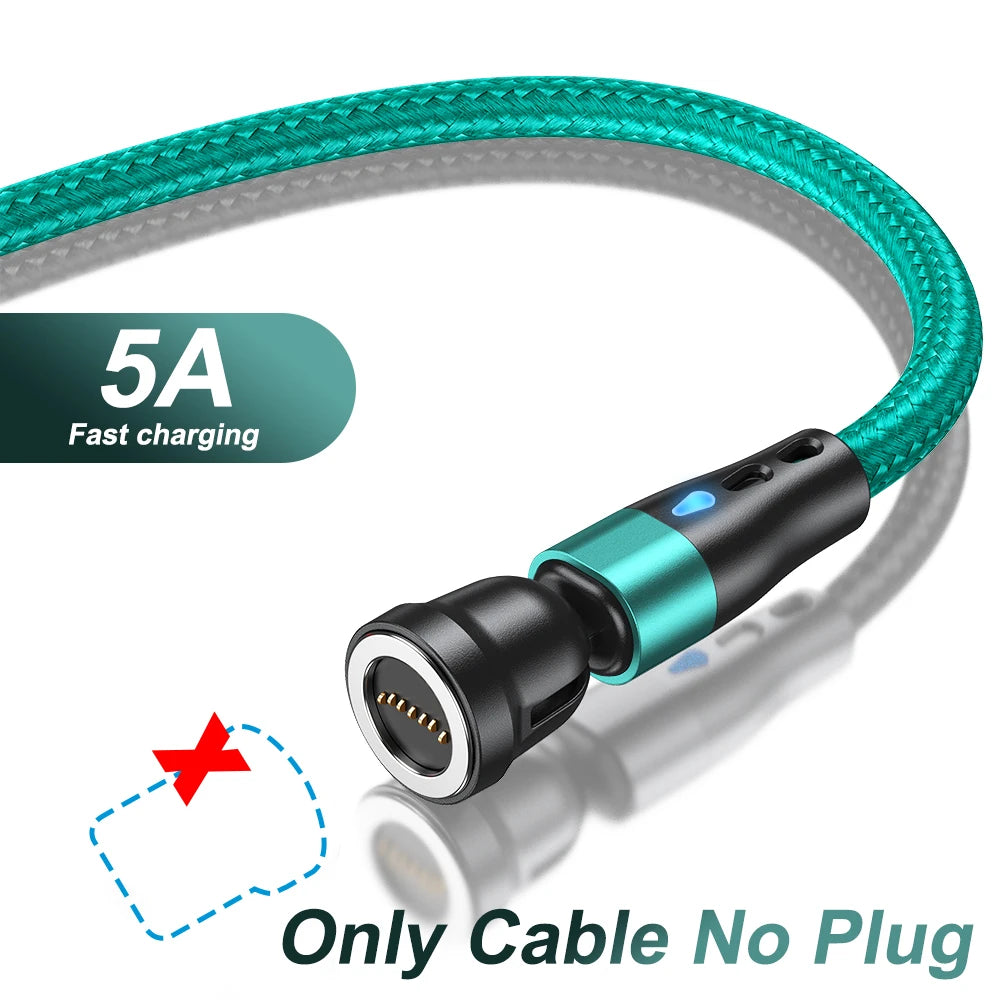 Magnetic Charging Cable — 540° Rotating 5A Fast Charge with USB-C, Lightning & Micro USB Tips