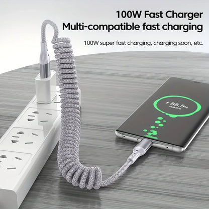 Coiled Car Charging Cable — 100W USB-C, Stretches 0.25m to 1.5m