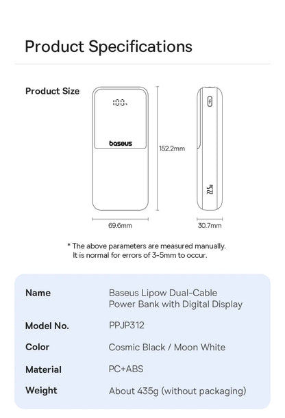 Baseus 20,000mAh Power Bank — 22.5W Fast Charging with Built-In Cables & LCD Display