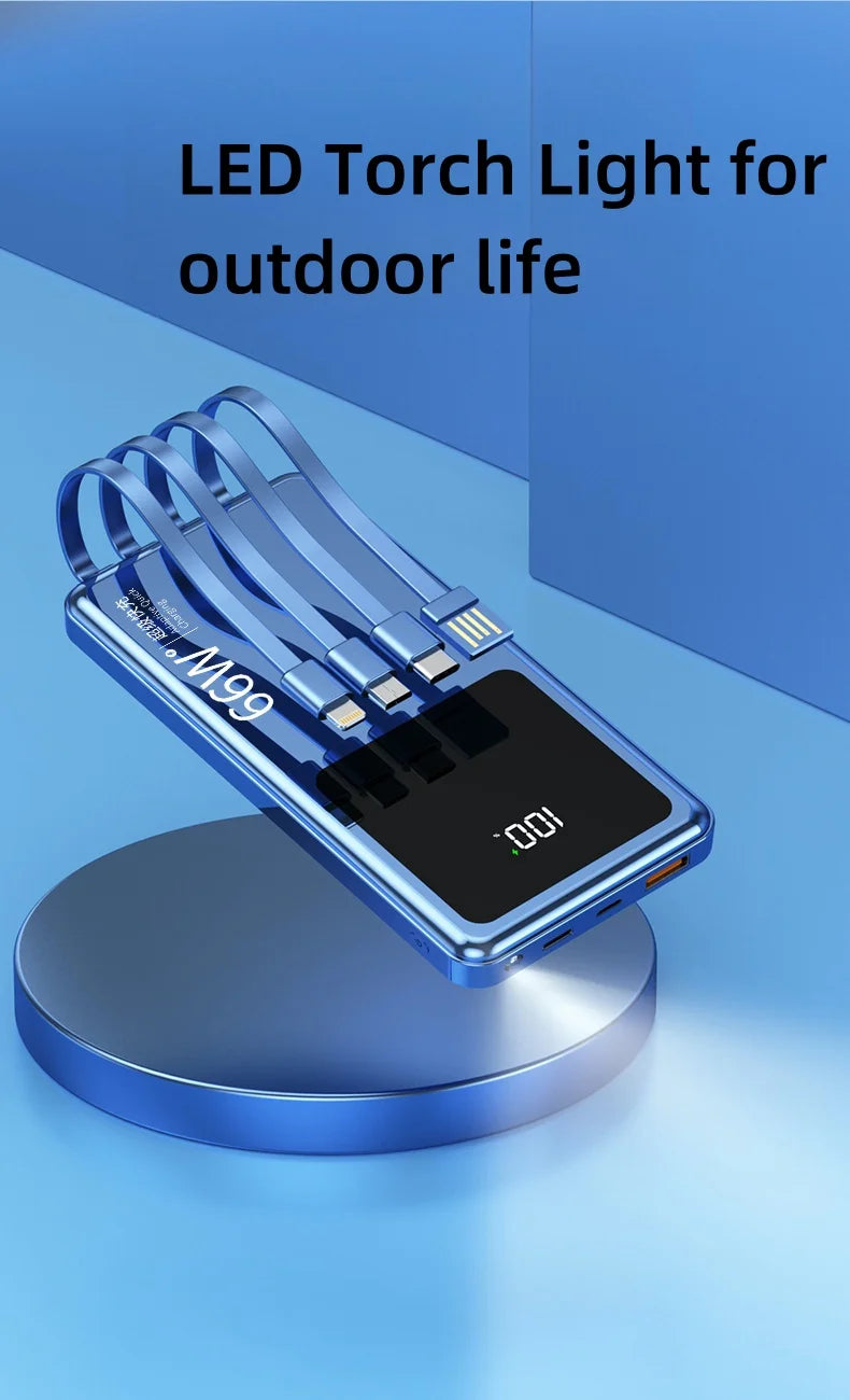 20,000mAh Power Bank with Built-In Cables — 65W PD Fast Charging & Digital Display