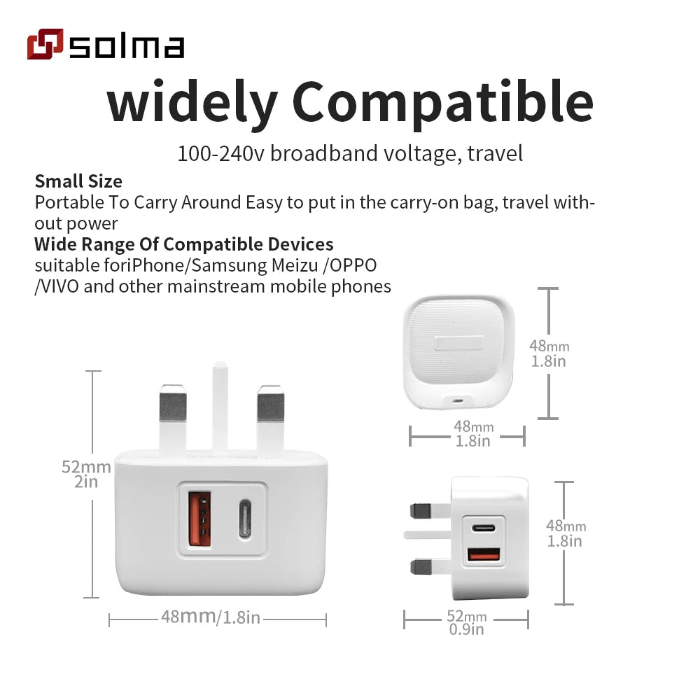 Compact UAE Plug Wall Charger — Dual Port USB-C & USB-A