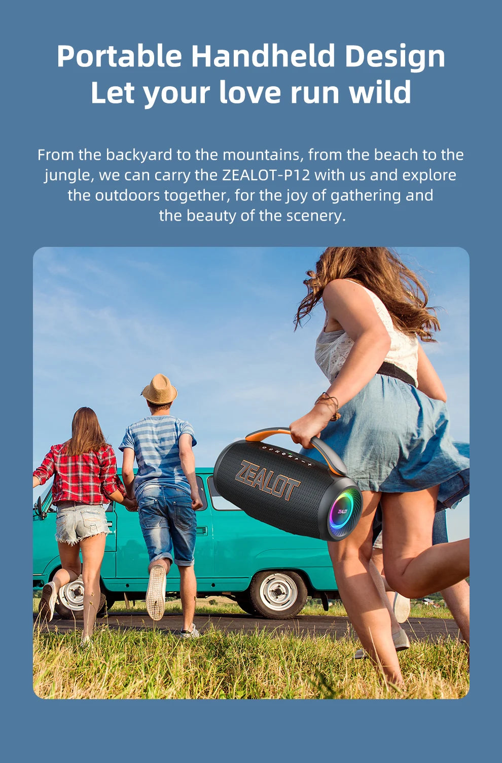 Zealot P12 Portable Bluetooth Speaker — 60W IPX6 Waterproof with Carry Handle