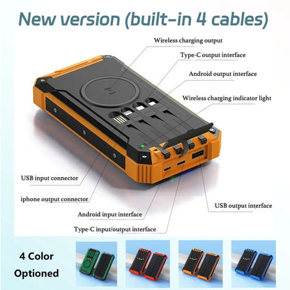 38,000mAh Solar Power Bank with Built-In Cables — Wireless Charging & LED Flashlight