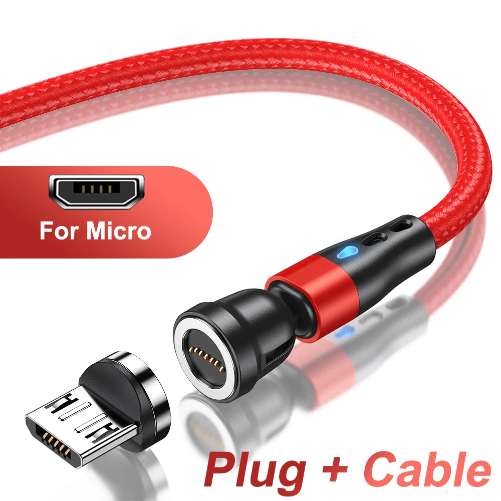 Magnetic Charging Cable — 540° Rotating 5A Fast Charge with USB-C, Lightning & Micro USB Tips