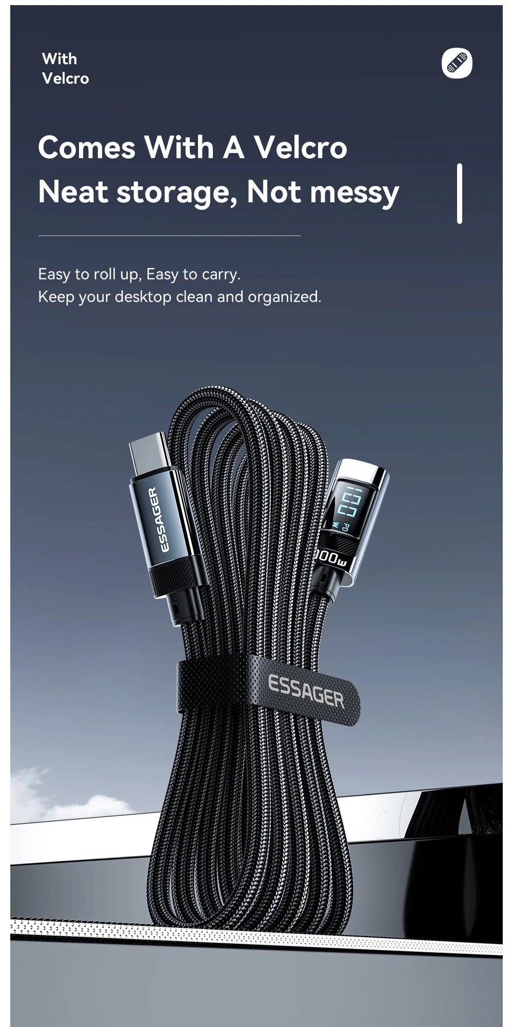 Essager 100W USB-C Cable — Right Angle with Power Display & E-Marker Chip