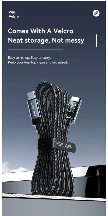 Essager 100W USB-C Cable — Right Angle with Power Display & E-Marker Chip
