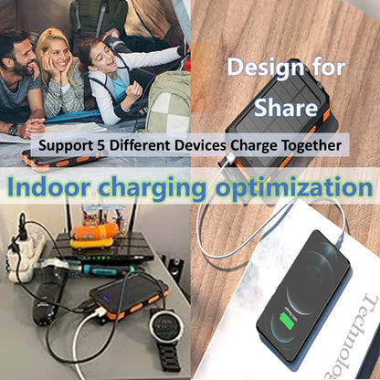 38,000mAh Solar Power Bank with Built-In Cables — Wireless Charging & LED Flashlight