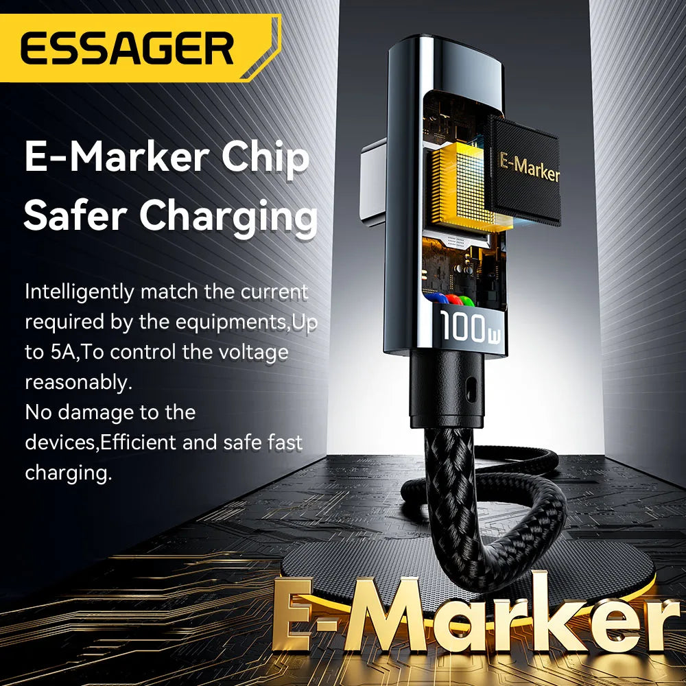 Essager 100W USB-C Cable — Right Angle with Power Display & E-Marker Chip