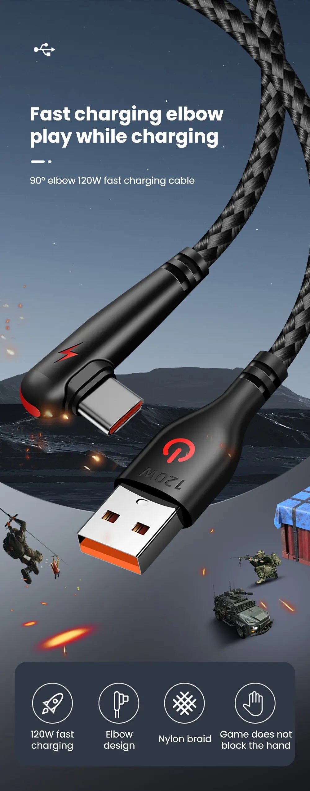 90° Right Angle USB-C Cable — 6A Fast Charging, Braided for Gaming