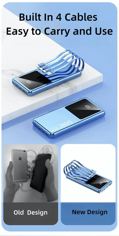 20,000mAh Power Bank with Built-In Cables — 65W PD Fast Charging & Digital Display