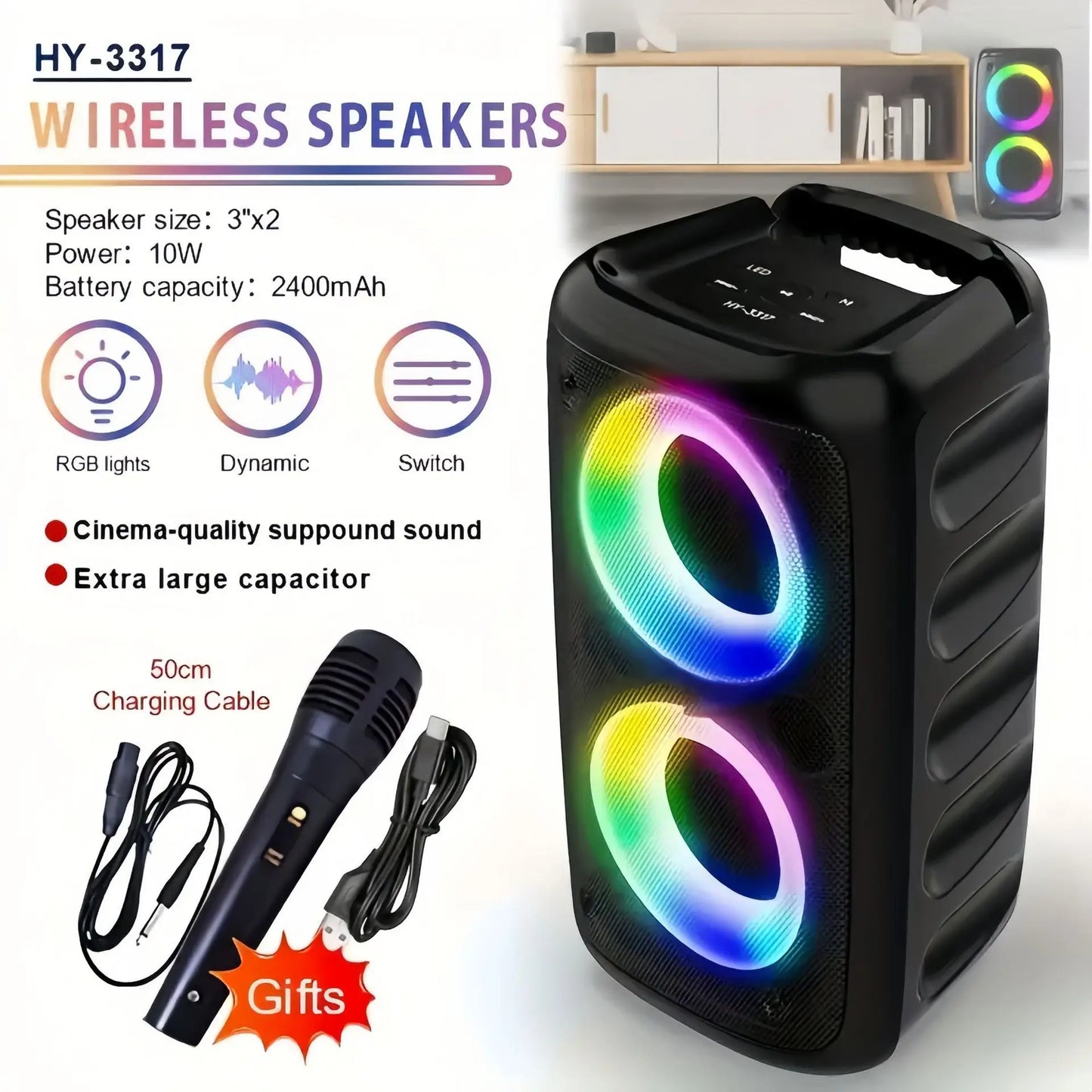 Portable Karaoke Speaker with Microphone — Bluetooth, FM Radio & LED Lights