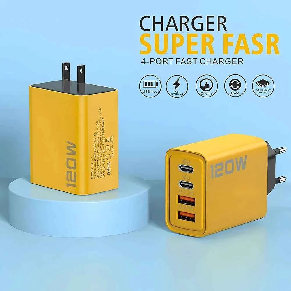 120W 4-Port USB-C Charger — PD & Quick Charge Fast Wall Adapter