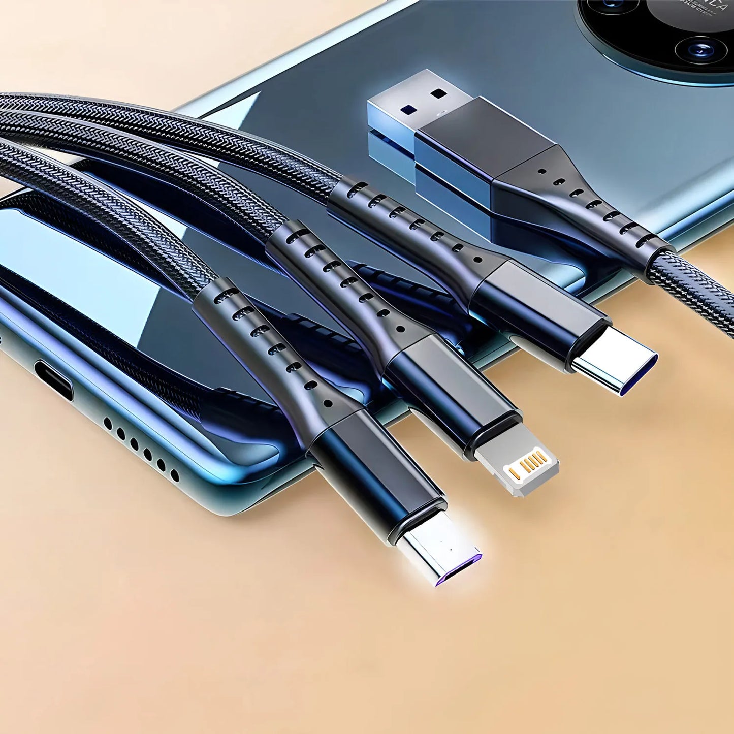 3-in-1 Charging Cable — 5A Fast Charge USB-C, Lightning & Micro USB