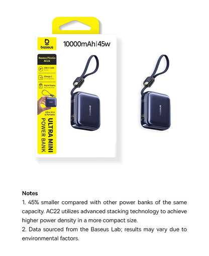 Baseus 10,000mAh Mini Power Bank — 45W Fast Charging with Built-In USB-C Cable