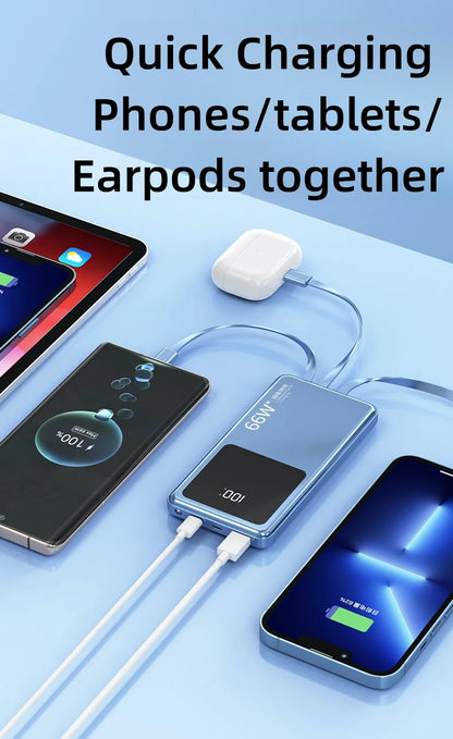 20,000mAh Power Bank with Built-In Cables — 65W PD Fast Charging & Digital Display