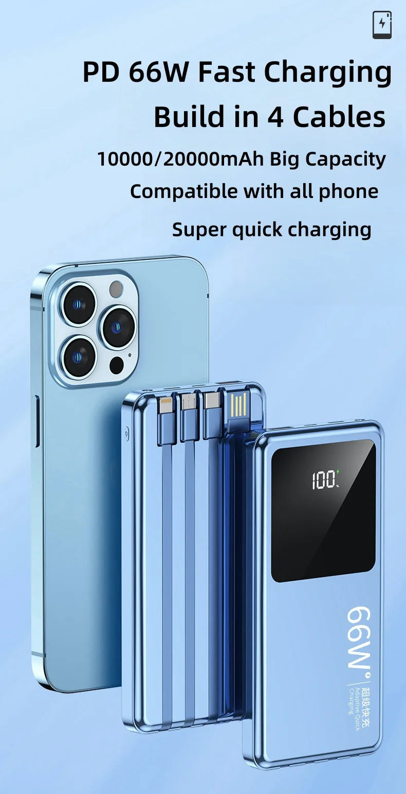 20,000mAh Power Bank with Built-In Cables — 65W PD Fast Charging & Digital Display